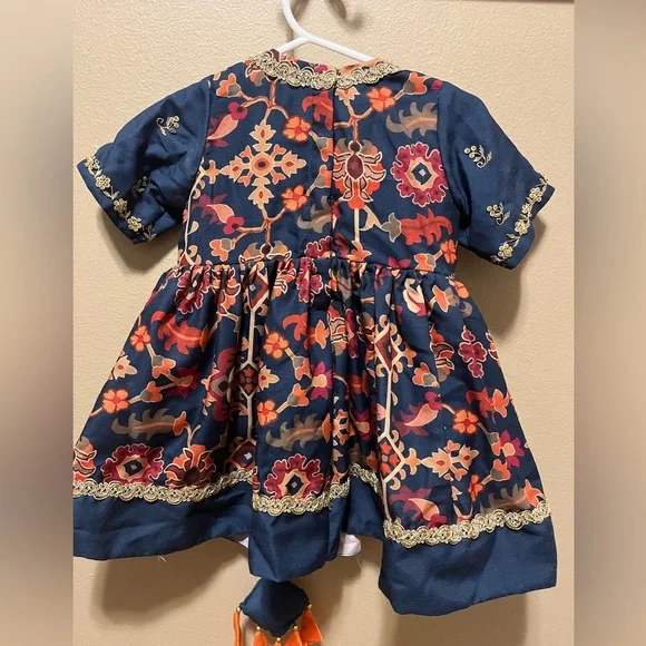 RARE Little Brats Sapphire Maheshwari Silk Ikat  Embroidered Gown - Size 1-2 - Picture 5 of 9